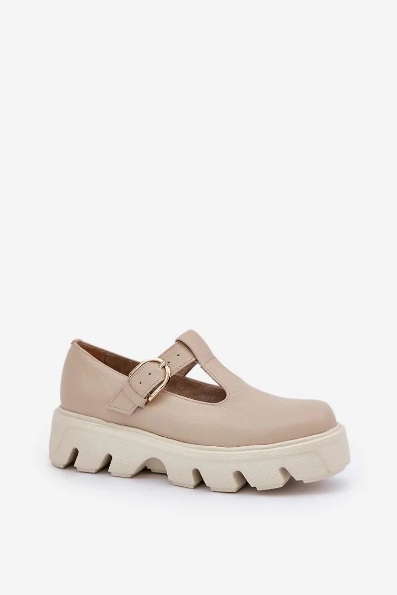 Skórzane Półbuty Z Klamrą 20183 Beżowe Damskie Półbuty Skórzane