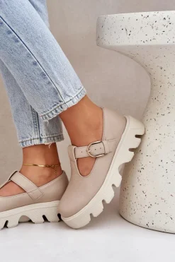 Skórzane Półbuty Z Klamrą 20183 Beżowe Damskie Półbuty Skórzane