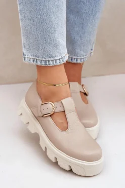 Skórzane Półbuty Z Klamrą 20183 Beżowe Damskie Półbuty Skórzane