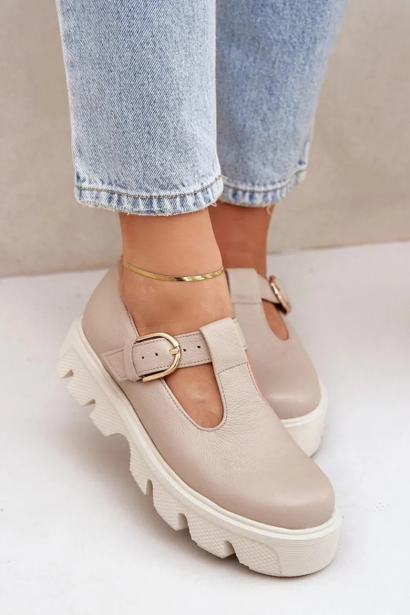 Skórzane Półbuty Z Klamrą 20183 Beżowe Damskie Półbuty Skórzane