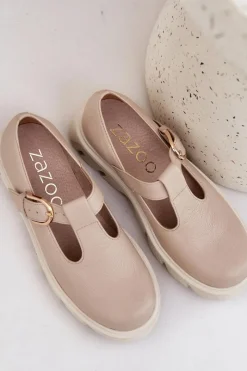 Skórzane Półbuty Z Klamrą 20183 Beżowe Damskie Półbuty Skórzane