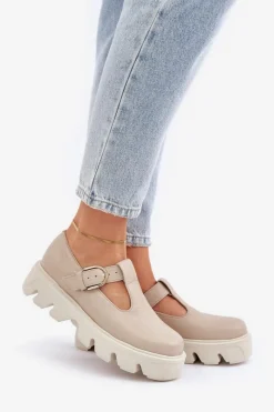 Skórzane Półbuty Z Klamrą 20183 Beżowe Damskie Półbuty Skórzane