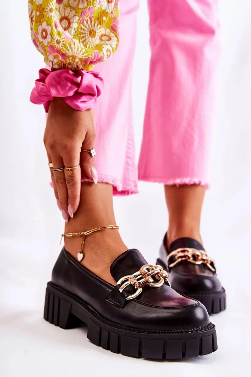 Hot Boto Skórzane Półbuty Z Ozdobnym Łańcuchem Czarne Carmine