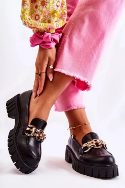 Hot Boto Skórzane Półbuty Z Ozdobnym Łańcuchem Czarne Carmine