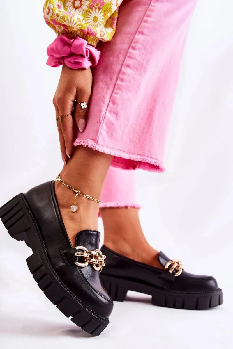 Hot Boto Skórzane Półbuty Z Ozdobnym Łańcuchem Czarne Carmine