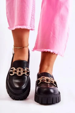 Hot Boto Skórzane Półbuty Z Ozdobnym Łańcuchem Czarne Carmine