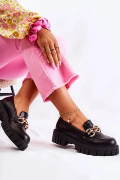 Hot Boto Skórzane Półbuty Z Ozdobnym Łańcuchem Czarne Carmine