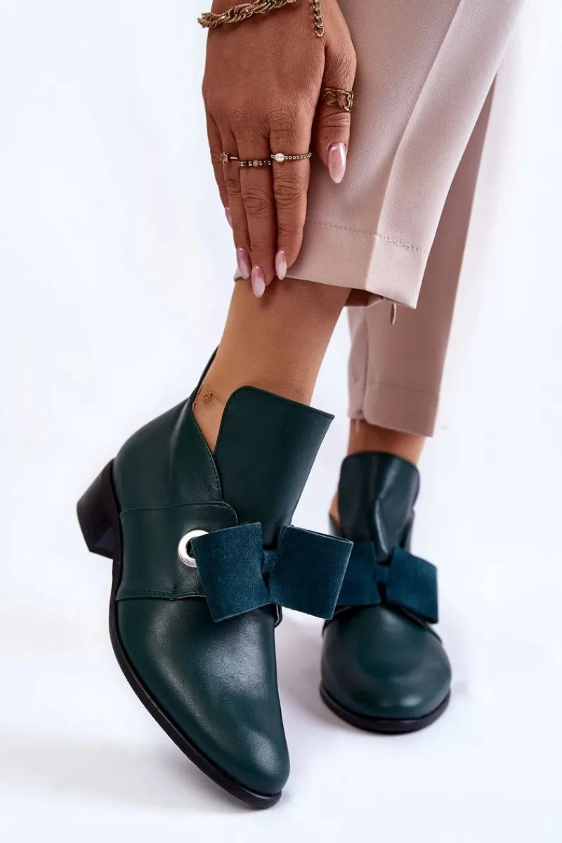 Boto Skórzane Półbuty Z Zamszową Kokardką Zielone Thalia