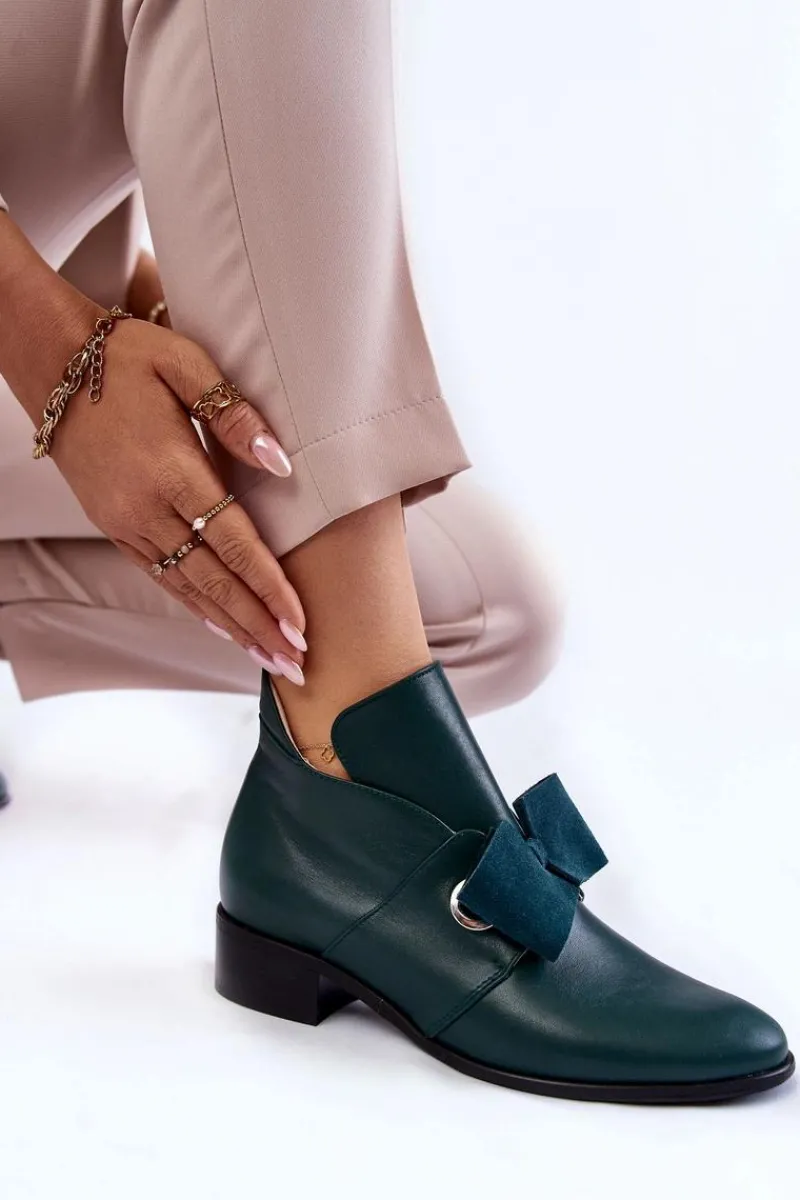 Boto Skórzane Półbuty Z Zamszową Kokardką Zielone Thalia