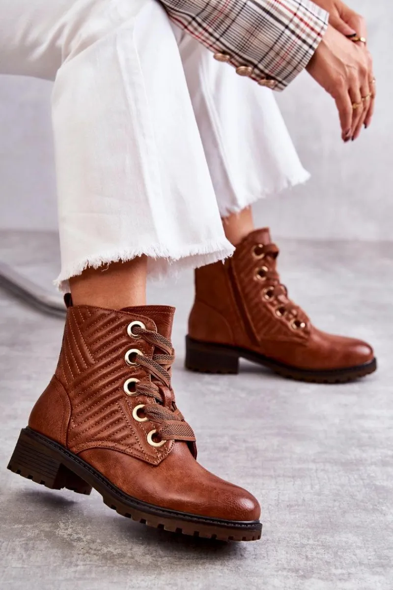 Botki Sznurowane|Botki Zimowe Damskie>Boto Skórzane Pikowane Botki Z Ociepleniem Brązowe Torino