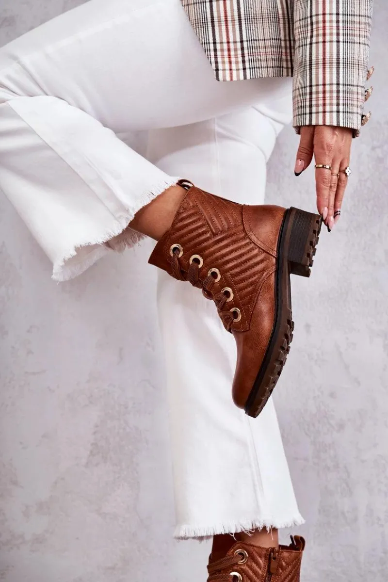 Botki Sznurowane|Botki Zimowe Damskie>Boto Skórzane Pikowane Botki Z Ociepleniem Brązowe Torino