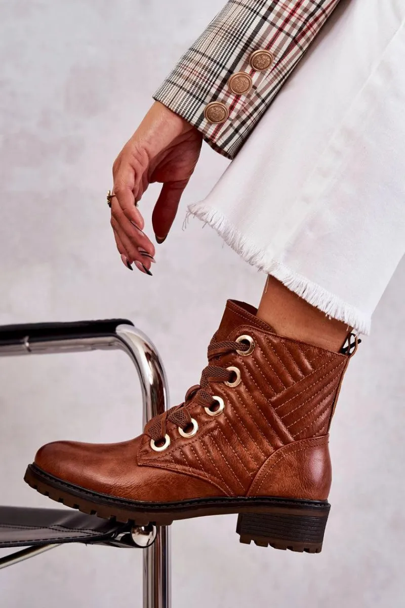 Botki Sznurowane|Botki Zimowe Damskie>Boto Skórzane Pikowane Botki Z Ociepleniem Brązowe Torino
