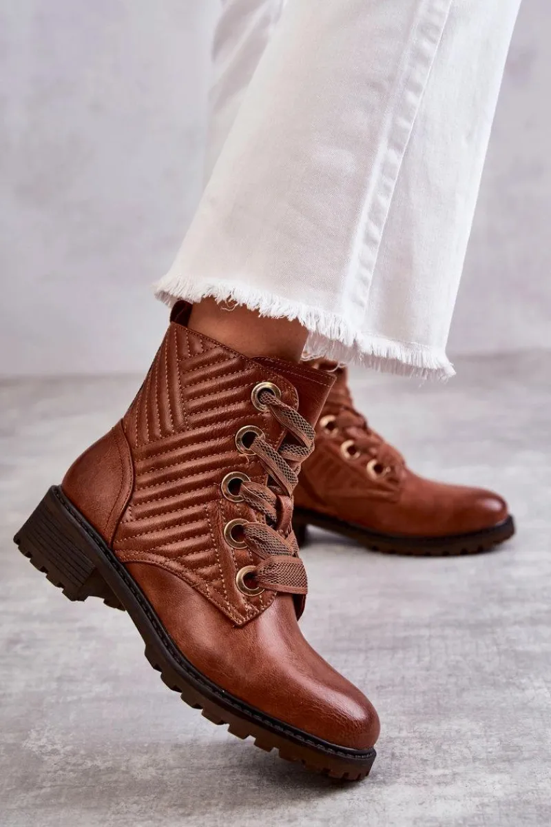 Botki Sznurowane|Botki Zimowe Damskie>Boto Skórzane Pikowane Botki Z Ociepleniem Brązowe Torino