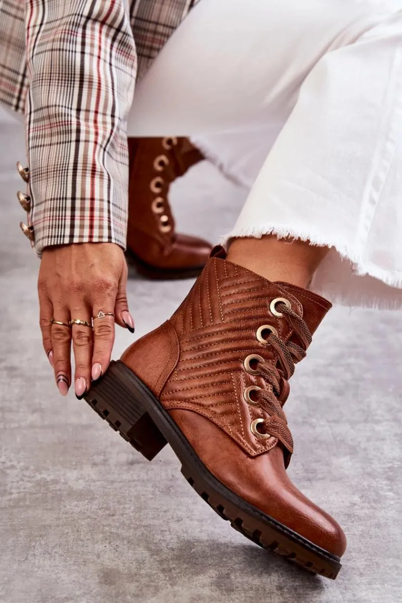 Botki Sznurowane|Botki Zimowe Damskie>Boto Skórzane Pikowane Botki Z Ociepleniem Brązowe Torino