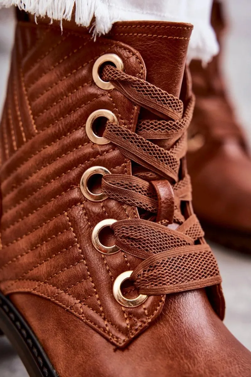 Botki Sznurowane|Botki Zimowe Damskie>Boto Skórzane Pikowane Botki Z Ociepleniem Brązowe Torino