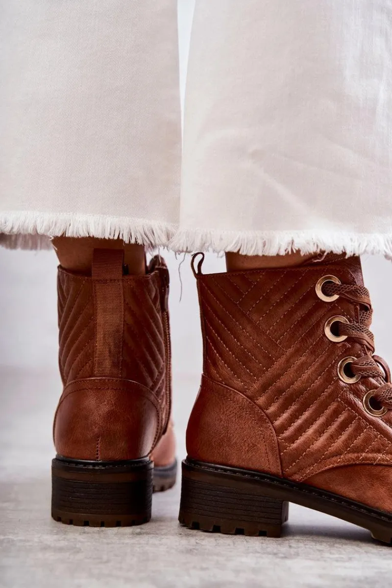 Botki Sznurowane|Botki Zimowe Damskie>Boto Skórzane Pikowane Botki Z Ociepleniem Brązowe Torino