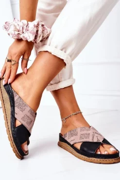 Skórzane Profilowane Klapki 04986-01 Czarno-Brązowe Damskie Klapki Damskie Klasyczne