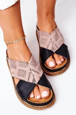 Skórzane Profilowane Klapki 04986-01 Czarno-Brązowe Damskie Klapki Damskie Klasyczne