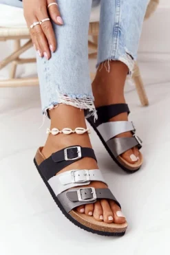 Outlet Big Star Shoes Skórzane Profilowane Klapki Big Star HH274588 Czarno-Srebrne