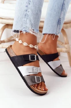 Outlet Big Star Shoes Skórzane Profilowane Klapki Big Star HH274588 Czarno-Srebrne