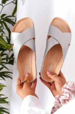 Skórzane Profilowane Klapki Big Star HH274650 Srebrne Damskie Klapki Damskie Klasyczne