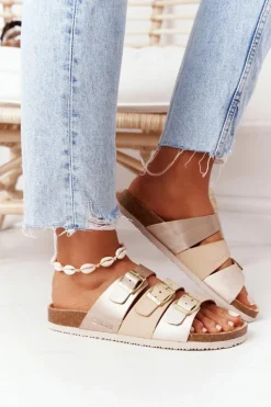 Big Star Shoes Skórzane Profilowane Klapki Big Star HH274585 Beżowo-Złote