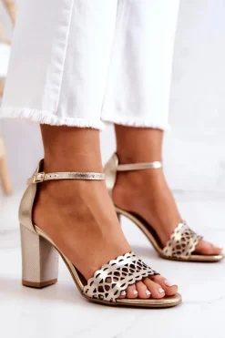 Clearance Skórzane Sandałki Ażurowe Lewski 2869 Złote Damskie Sandały Ażurowe|Sandały Na Obcasie