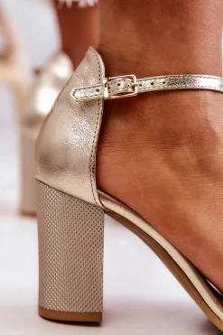 Clearance Skórzane Sandałki Ażurowe Lewski 2869 Złote Damskie Sandały Ażurowe|Sandały Na Obcasie