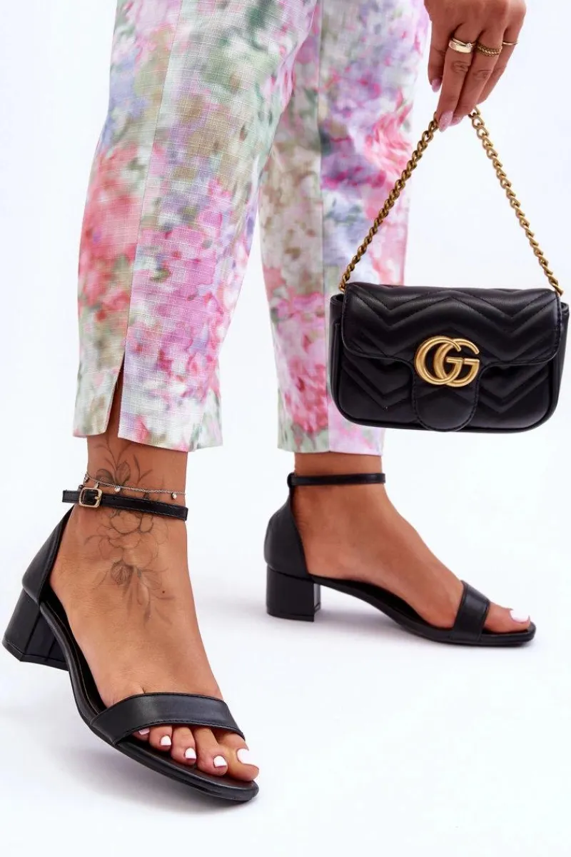 Clearance Skórzane Sandałki Na Obcasie Gładkie Czarne Inspire Me! Damskie Sandały Na Obcasie