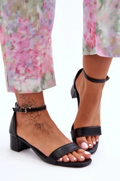 Clearance Skórzane Sandałki Na Obcasie Gładkie Czarne Inspire Me! Damskie Sandały Na Obcasie