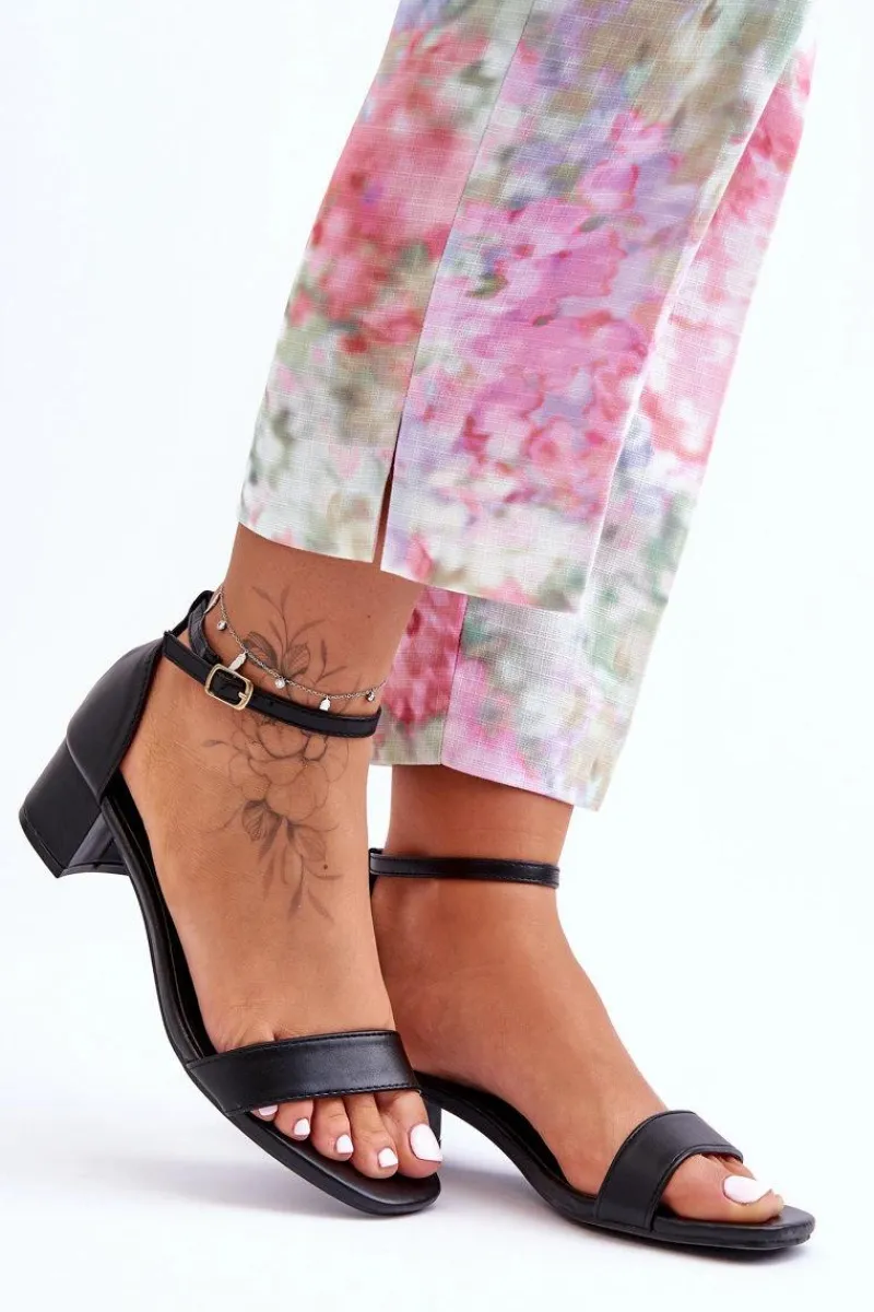 Clearance Skórzane Sandałki Na Obcasie Gładkie Czarne Inspire Me! Damskie Sandały Na Obcasie