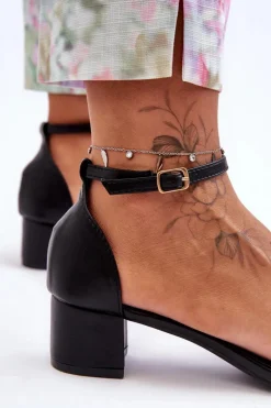 Clearance Skórzane Sandałki Na Obcasie Gładkie Czarne Inspire Me! Damskie Sandały Na Obcasie