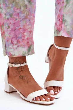 Skórzane Sandałki Na Obcasie Gładkie Białe Inspire Me! Damskie Sandały Na Obcasie