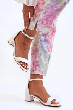 Skórzane Sandałki Na Obcasie Gładkie Białe Inspire Me! Damskie Sandały Na Obcasie