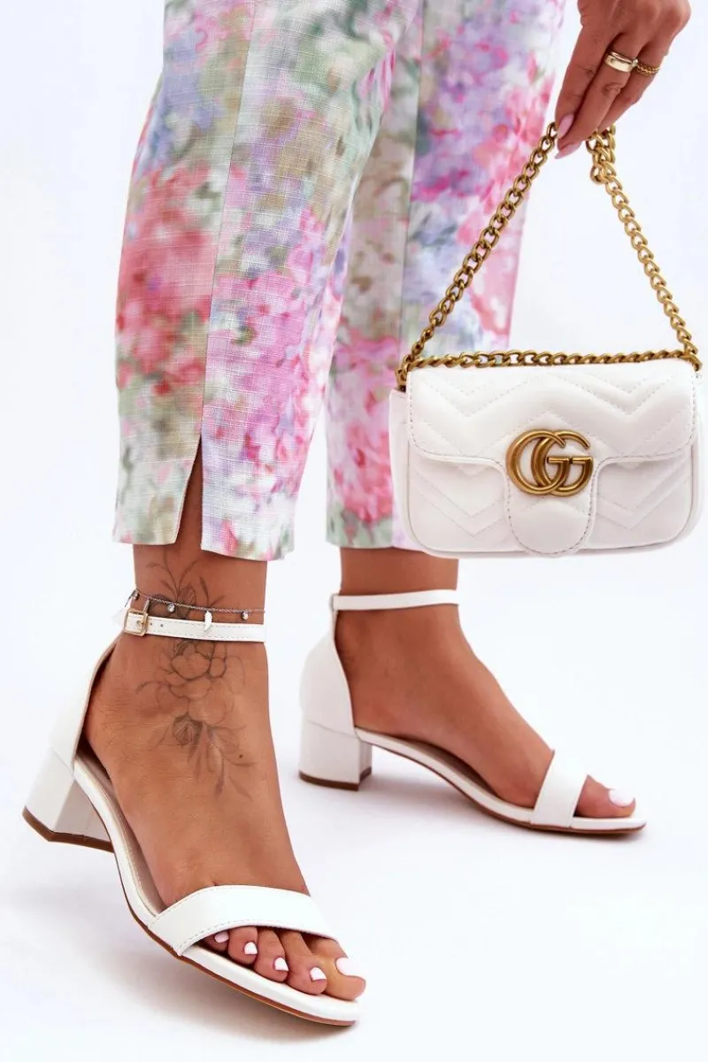 Skórzane Sandałki Na Obcasie Gładkie Białe Inspire Me! Damskie Sandały Na Obcasie