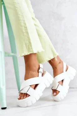 Discount Skórzane Sandałki Na Platformie Białe Betti Damskie Sandały Płaskie