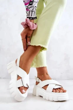 Discount Skórzane Sandałki Na Platformie Białe Betti Damskie Sandały Płaskie