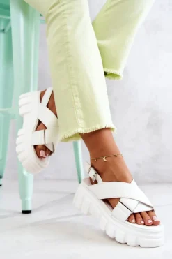 Discount Skórzane Sandałki Na Platformie Białe Betti Damskie Sandały Płaskie