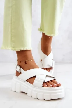 Discount Skórzane Sandałki Na Platformie Białe Betti Damskie Sandały Płaskie