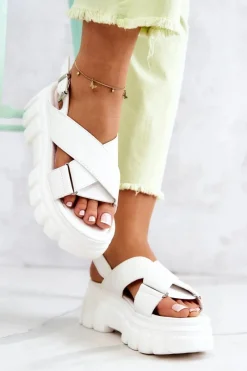 Discount Skórzane Sandałki Na Platformie Białe Betti Damskie Sandały Płaskie