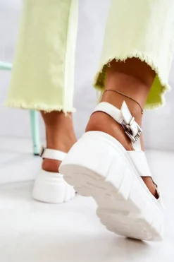 Discount Skórzane Sandałki Na Platformie Białe Betti Damskie Sandały Płaskie