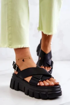 Hot Evento Skórzane Sandałki Na Platformie Czarne Betti