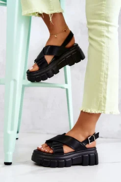 Hot Evento Skórzane Sandałki Na Platformie Czarne Betti