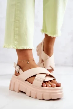 Sandały Płaskie>Evento Skórzane Sandałki Na Platformie Jasnobeżowe Betti