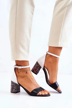 Hot Boto Skórzane Sandałki Na Słupku Czarno-Białe Lorene