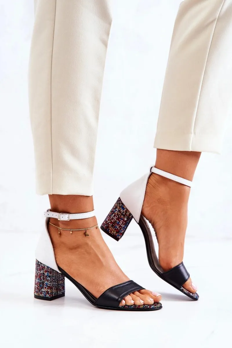 Hot Boto Skórzane Sandałki Na Słupku Czarno-Białe Lorene