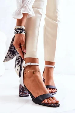 Hot Boto Skórzane Sandałki Na Słupku Czarno-Białe Lorene
