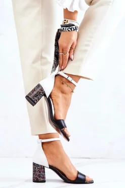 Hot Boto Skórzane Sandałki Na Słupku Czarno-Białe Lorene