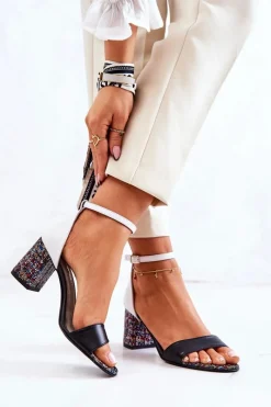 Hot Boto Skórzane Sandałki Na Słupku Czarno-Białe Lorene