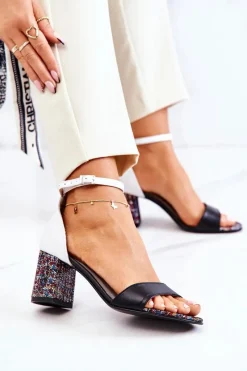 Hot Boto Skórzane Sandałki Na Słupku Czarno-Białe Lorene